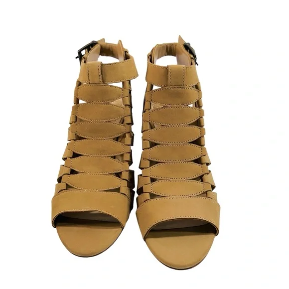 NWOT Vince Camuto ELIKA Leather Caged Tan 3" Heel Sandals. - Picture 3 of 8